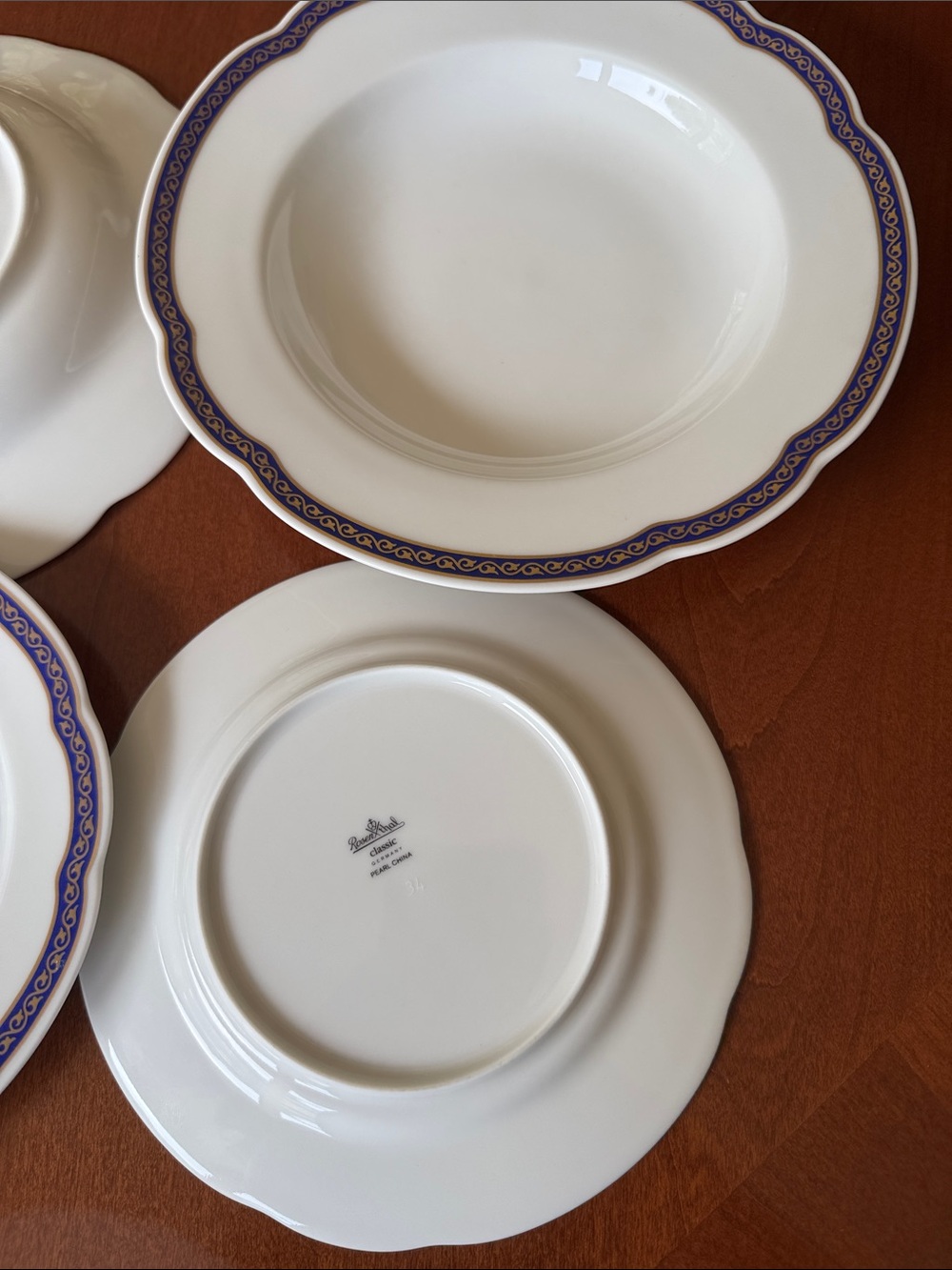 Rosenthal White Porcelain Dinner Bowls with Cobalt Blue and Gold Scroll Border